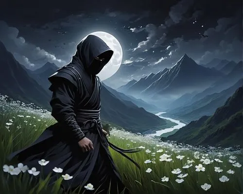 hooded man,grimm reaper,the wanderer,grim reaper,fantasy picture,cloak,scythe,black and dandelion,the night of kupala,wanderer,fantasy art,reaper,heroic fantasy,black shepherd,dark art,assassin,dance of death,hooded,way of the roses,fantasy portrait,Conceptual Art,Fantasy,Fantasy 03