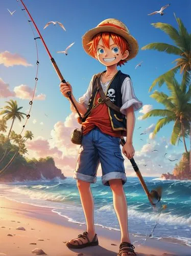 Luffy, pirate, young boy, orange hair, blue eyes, freckles, smiling face, white shirt, blue shorts, red vest, holding a fishing rod, standing on the beach, seawater, waves crashing, sunset, tropical i