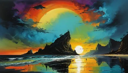 Mystical magical alien world fantasy beach sunset art in oil paint and liquid chrome, liquid gold, liquid black, liquid rainbow, ready paint,world digital painting,senja,digital art,digital painting,c