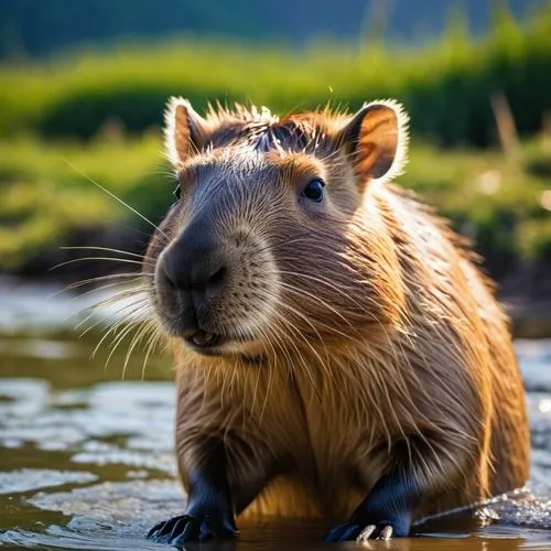 professional photography Elena Kalis , close up shot capybara , dynamic scene, spectacular, , by go pro , pov , saturated contrast, Hasselblad, 4k UHD, ultra-sharp Intricate fine details, HDRI --ar 16