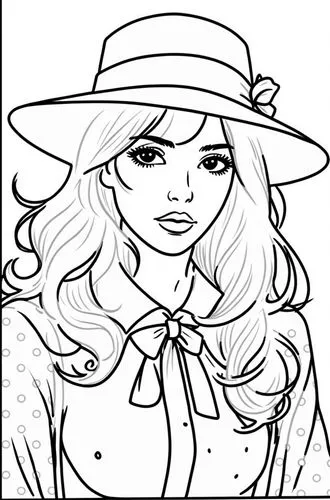 a girl in a hat with her long hair,camie,straw hat,coloring page,lineart,mono-line line art,coloring pages,Design Sketch,Design Sketch,Rough Outline