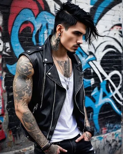 punk,rockabilly style,rocker,punk design,leather jacket,pompadour,rockabilly,with tattoo,ryan navion,biker,tattoos,vest,tattooed,emo,mohawk hairstyle,goths,goth subculture,joey,leather,goth,Photography,Black and white photography,Black and White Photography 01