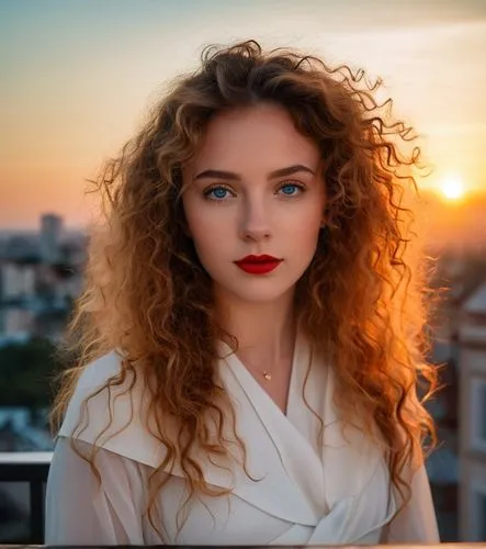 portrait half body of s beautiful caucasian girl 23 years old, red curly hair, blue eyes, red lips. wearing a white dress stand up in a balcony at sunset whit the buildings as background in 4k,a woman