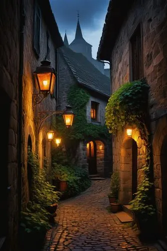 Narrow alleyway, old European-style Poyner architecture, medieval town, stone walls, ornate wooden doors, stained glass windows, ivy-covered buildings, moss on roofs, dimly lit, foggy atmosphere, warm