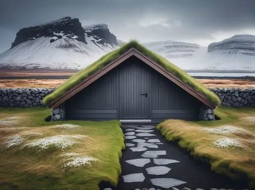 Icelandic architecture, Nordic style, turf roof, wooden door, stone walls, grass-covered roof, modern design, Reykjavik, snow-capped mountains, foggy atmosphere, misty morning, dramatic cloudy sky, va