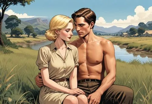 los cuerpos desnudos,there is a picture of a man and a woman,young couple,tropico,romantic scene,layden,idyll,pareja