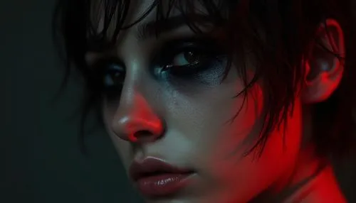 dark portrait,gothika,moody portrait,red skin,neon makeup,angel's tears,Photography,General,Realistic