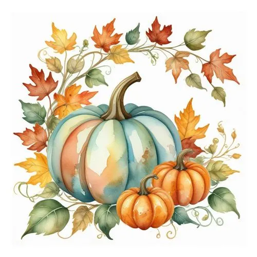 a painting of pumpkins and leaves on a white background,autumn icon,pumpkin autumn,seasonal autumn decoration,autumn pumpkins,decorative pumpkins,autumn decoration