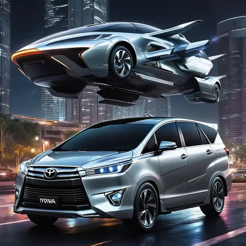 create a mix of silver toyota innova car to a futuristic flying car with engine booster at the back in a futuristic city, night time
,scion xd,nissan quest,mitsubishi outlander,toyota ft-hs,mitsubishi