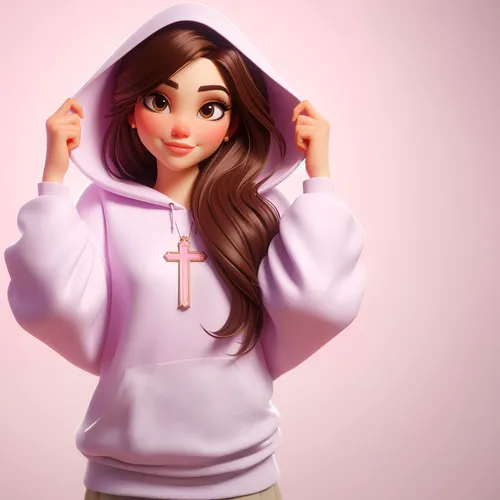 hoodie,3d render,cute cartoon character,3d rendered,3d model,sweatshirt,hooded,3d figure,girl praying,agnes,low poly,cute cartoon image,render,dribbble,digital painting,sculpt,mary 1,low-poly,pink background,disney character