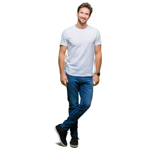 Man, casual outfit, messy brown hair, stubble beard, smiling face, bright blue eyes, white shirt, dark jeans, black sneakers, leaning against wall, relaxed posture, natural lighting, soft focus, 3/4 c