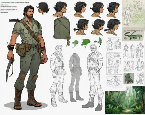 male character,concept art,hunter's stand,costume design,biologist,male elf,forest workers,forest man,zookeeper,main character,illustrations,dogbane family,gamekeeper,male poses for drawing,cassia,farmer in the woods,tarzan,pathfinders,guide book,gardener,Unique,Design,Character Design