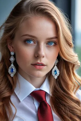 girl, close-up,  blue eyes, red tie, long bonde hair, white shirt, modern earrings,lopatkina,beautiful young woman,seyfried,delaurentis,margairaz,elizaveta,young woman,yelizaveta,behenna,ginta,butina,