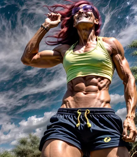 with lots of lightning tearing the sky and medieval epic cosmic atmosphere of distant lands and in the clouds hides the powerful demonic dragon,muscle woman,abs,shredded,hard woman,sprint woman,fitnes