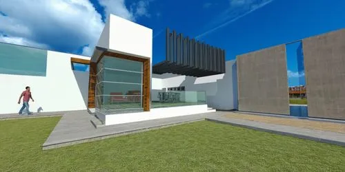 AREA DE CONVIVENCIA, CON PERGOLAS DE CONCRETO, LOSA CON REMATE DE VIGA DE ACERO, ESPEJO DE AGUA ,rendering view of an open courtyard and staircase,sketchup,3d rendering,modern house,cubic house,render