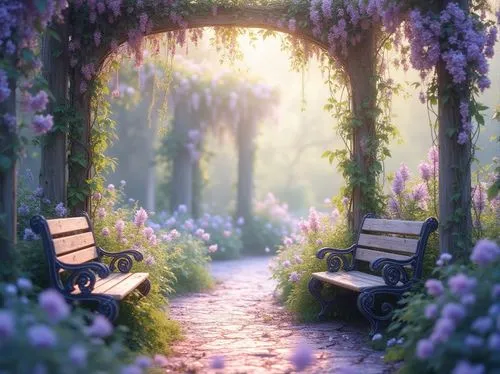 fairy forest,pathway,fairyland,garden bench,fairytale forest,tunnel of plants,wonderland,flower garden,enchanted forest,heaven gate,fantasy picture,fairytale,forest path,springtime background,the mystical path,to the garden,lilac arbor,walk in a park,fairy world,nature wallpaper,Photography,General,Realistic