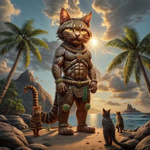 an animated cat wearing armor standing next to two other cats,cat warrior,kattabomman,fantasy picture,thunderclan,kukulkan,skylander giants,Common,Common,Natural