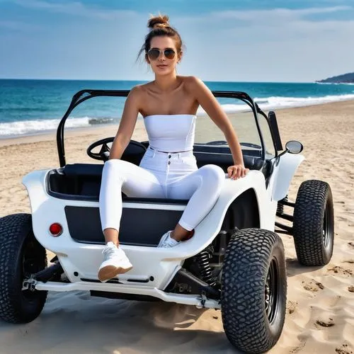 A young woman wearing a white strapless shirt and legging in a beach buggy at the beach,beach buggy,quad bike,electric golf cart,compact sport utility vehicle,atv,4wheeler,all-terrain vehicle,off road