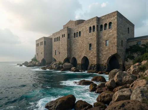 Majestic monolithic structure, rugged coastal landscape, rocky shores, crashing ocean waves, salty sea air, weathered stone fa\u00e7ade, curved lines, brutalist architecture, fortified walls, dramatic