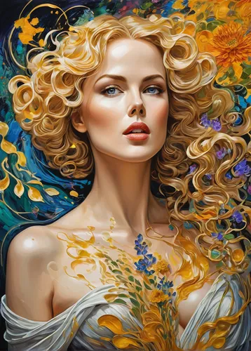 , Sfumato and chairoscuro Painting, attractive woman look like nicole kidman charlize theron and pose like venus by botticelli, best quality, picking exotic flowers, marigold, orchids, iris, vines, dy