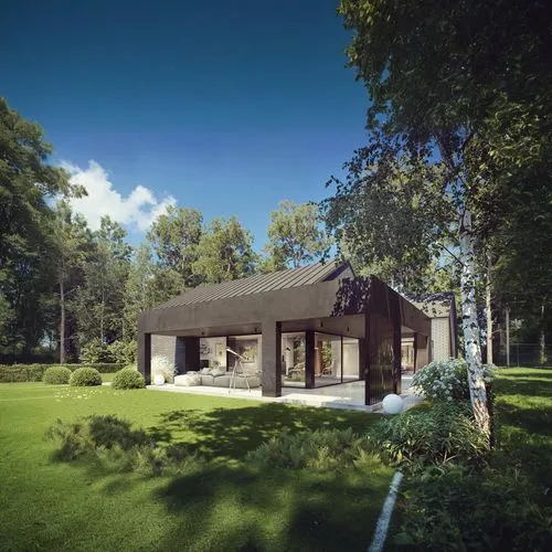 football pitch,inverted cottage,mid century house,summer cottage,timber house,3d rendering,new england style house,forest chapel,house in the forest,small cabin,holiday villa,summer house,bungalow,fri