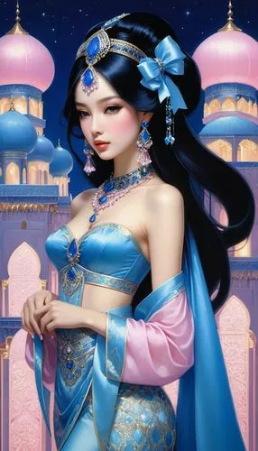 oriental princess,rem in arabian nights,jasmine,sheherazade,oriental girl,scheherazade,Illustration,Realistic Fantasy,Realistic Fantasy 08