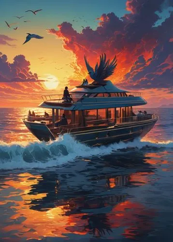 yatch and flaming  archangel in the ocean, sunset under the clouds, fading gray on the beach, mosaic flaming colors, jigsaw puzzle, birds, flaming volcano, yin and yang, birds, big waves, mirror efect