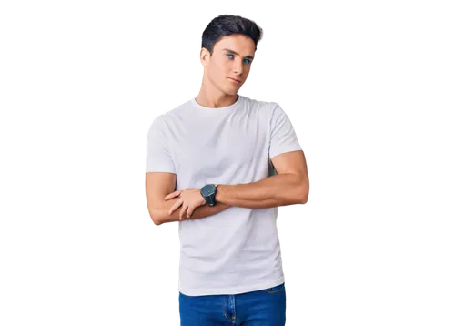 Handsome guy, young adult, muscular build, short black hair, sharp jawline, bright blue eyes, slight smile, white shirt, dark jeans, leather belt, silver watch, standing pose, one hand in pocket, rela