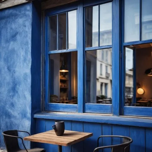 paris cafe,blue coffee cups,blue lamp,blue door,blue room,watercolor cafe,Photography,General,Realistic