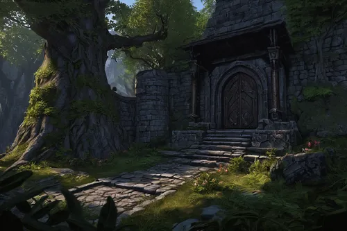 mausoleum ruins,druid grove,kadala,elven forest,devilwood,the threshold of the house,shrine,imperial shores,the mystical path,archway,gateway,hall of the fallen,castle ruins,ruins,stone stairs,threshold,portal,stone stairway,forest path,northrend,Illustration,American Style,American Style 14