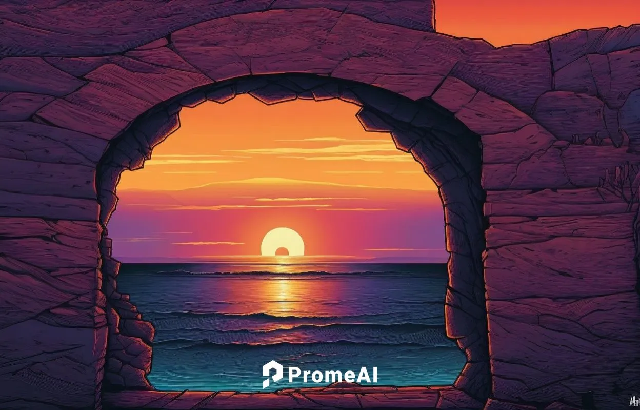 sunset at africa,a painting of an ocean with sunset in the background,cartoon video game background,door to hell,coast sunset,windows wallpaper,background screen,sunset,Illustration,Realistic Fantasy,