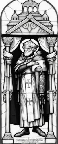 a simple 2d drawing in black and white depicts a bishop. The background is a simple, clean drawing. It must be like a children coloring,a stained glass image of the pope,catholicon,archiepiscopate,arc