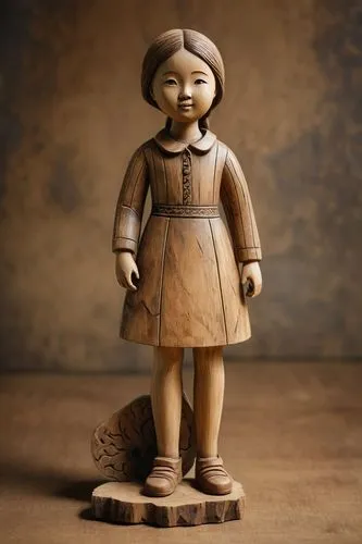 A girl, wood carving, wood, 3D, sculpture, whole body, weathering marks,,wooden figure,wooden doll,clay doll,miniature figure,wooden figures,doll figure,kokeshi doll,the japanese doll,wooden man,japan