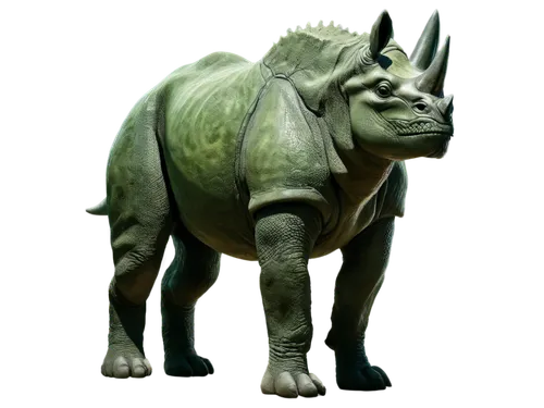 prehistoric creature, rhino-like dinosaur, green scaly skin, bulky body, short legs, horn on nose, wrinkled skin texture, dusty earth tone, standing, front view, low angle shot, dramatic lighting, cin