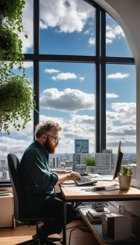 Modern software architect, standing, whiteboard, markers, coding laptop, coffee cup, minimalistic office, large window, cityscape view, blue sky, fluffy clouds, 3/4 composition, softbox lighting, shal