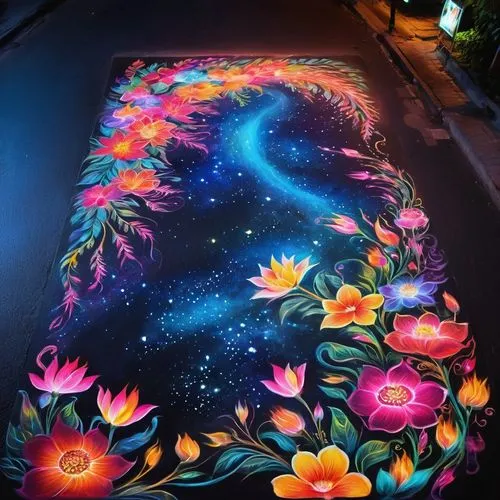 floral rangoli,chalk drawing,cosmic flower,flower carpet,rangoli,fairy galaxy,street chalk,belly painting,flower painting,colorful stars,neon body painting,light paint,flower art,kolam,glow in the dark paint,hand painting,wall painting,flower blanket,galaxy,flowers celestial,Illustration,Realistic Fantasy,Realistic Fantasy 37