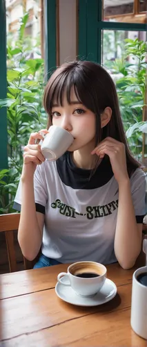 A girl in a t-shirt sips her coffee peacefully in a cozy cafe.,woman drinking coffee,woman at cafe,coffee background,drinking coffee,girl with cereal bowl,tea drinking,girl in t-shirt,coffee shop,wome