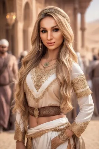  muscular, elegant, long hair,  
 blonde, professional photoshot, tanned skin, brown leather
princess
,a woman wearing white and gold clothing with long hair,arabiyah,marzieh,diriyah,arabian,arabized,