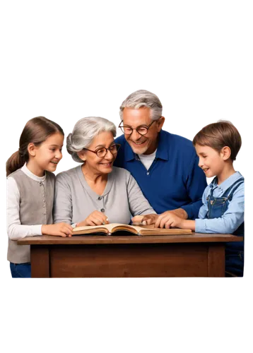 Old family, grandparents, mother, father, children, traditional clothing, wrinkles, silver hair, reading glasses, kind faces, gentle smiles, warm lighting, cozy atmosphere, wooden table, vintage decor