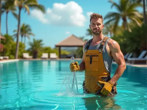 Maintenance worker, male, 30s, muscular build, short hair, sweat, dirty overalls, tool belt, holding a pool cleaning net, standing by the side of a sparkling clean Chukum Pool, surrounded by tropical 