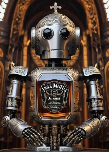 jack daniels,jägermeister,tennessee whiskey,boilermaker,chivas regal,droid,scotch whisky,whiskey,beer dispenser,church religion,absolut vodka,robot icon,english whisky,destroy,c-3po,minibot,bourbon whiskey,metal toys,jack,bot,Illustration,Realistic Fantasy,Realistic Fantasy 43