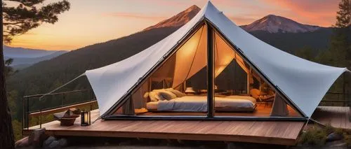 Luxury camping, modern architecture, unique tent shape, white fabric, metal frame, triangular structure, transparent windows, cozy interior lighting, wooden floor, minimalistic decoration, mountainous