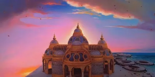 fairy tale castle,disney castle,gaudí,temples,gold castle,house of the sea,sand castle,world digital painting,fantasy landscape,fantasy world,roof domes,valerian,fairytale castle,water castle,3d fanta