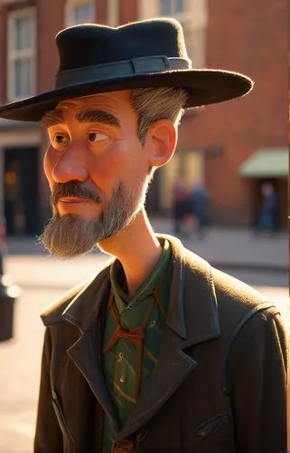 a 45 year old man in a sut wearing a hat in the street of london,a character is posed for this portrait,model train figure,lumbago,gladstone,farnaby,topham,trainman,Illustration,Vector,Vector 13