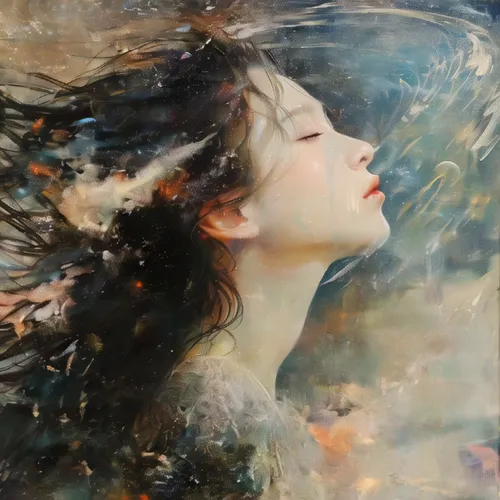 mystical portrait of a girl,girl lying on the grass,amano,han thom,oil painting on canvas,immersed,faery,gracefulness,carol m highsmith,falling flowers,fineart,cosmos wind,oil painting,the wind from t