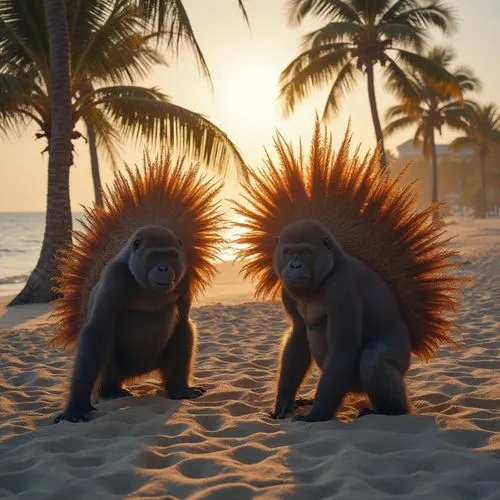 A medium shot of two gorilladisplaying their elaborate feathers near some palm trees on an empty Fort Lauderdale beach at sunrise,two animals with large hair sitting on a beach near the ocean,simians,