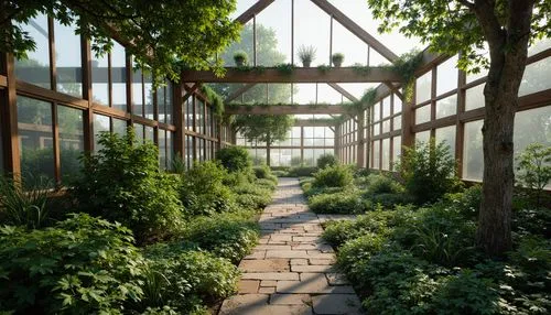 \Tranquil greenhouse interior, lush vegetation, natural stone pathways, wooden trellises, clerestory windows, solar panels, rainwater harvesting systems, living walls, green roofs, recycled materials,