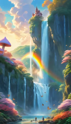 fantasy landscape,rainbow background,rainbow bridge,rainbow clouds,rainbow world map,fairy world,fantasy picture,3d fantasy,fantasy world,bird kingdom,raimbow,wasserfall,rainbow pencil background,drea