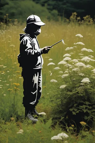 beekeeper,gamekeeper,the wanderer,gardener,motherwort,suitcase in field,meadowsweet,japanese meadowsweet,picking flowers,girl picking flowers,meadow play,trumpet creepers,gypsywort,chasseur,nectar search,in the tall grass,fahlschwanzkolibri,lepidopterist,beekeepers,foragers,Conceptual Art,Graffiti Art,Graffiti Art 12