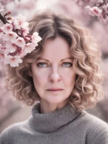 мелковьющиеся волосы
 длинной до ключиц,a woman is standing under the blooming trees,aslaug,linden blossom,blossoms,magnolia,margairaz,spring blossoms,magnolia blossom,cold cherry blossoms,spring crow